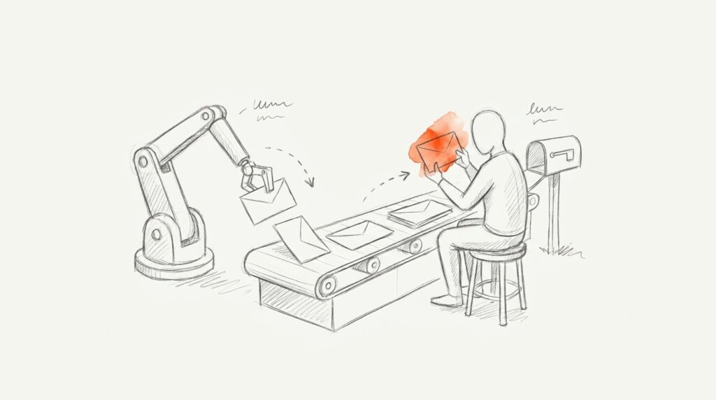 Bleistiftskizze: Roboterarm legt Umschläge aufs Förderband, eine Person prüft einen orange markierten Umschlag vor dem Briefkasten als Bild für Freigabe