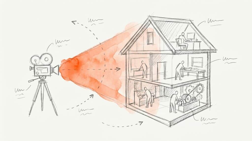 Bleistiftskizze: Filmkamera auf Stativ wirft einen orangen Lichtkegel auf ein Haus im Querschnitt mit fünf arbeitenden Figuren, als Bild für Imagefilm