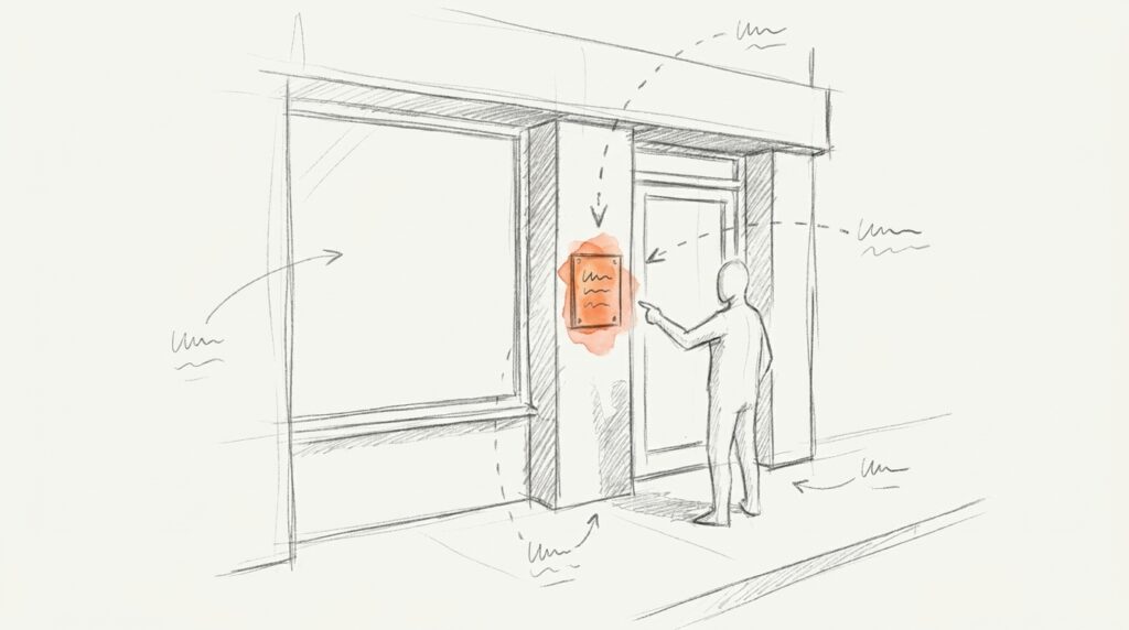 Bleistiftskizze: Ladenfront mit leerem Schaufenster, eine Figur zeigt auf das orange hervorgehobene Schild neben der Tür, als Bild für das Impressum