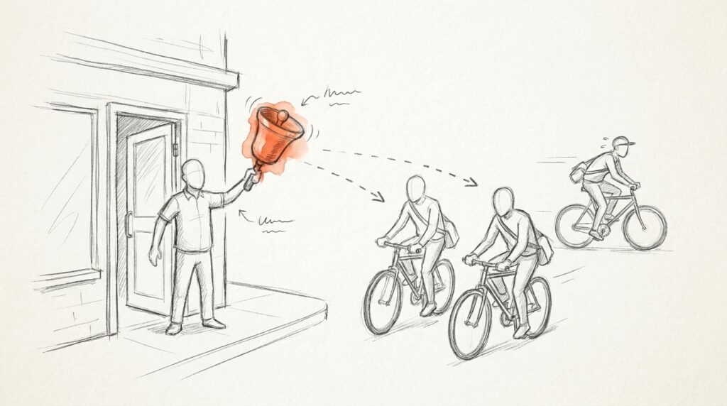 Bleistiftskizze: Ladenbesitzer läutet vor seiner Tür eine orange Handglocke, zwei Radboten kommen herbei, ein dritter fährt weiter, als Bild für IndexNow