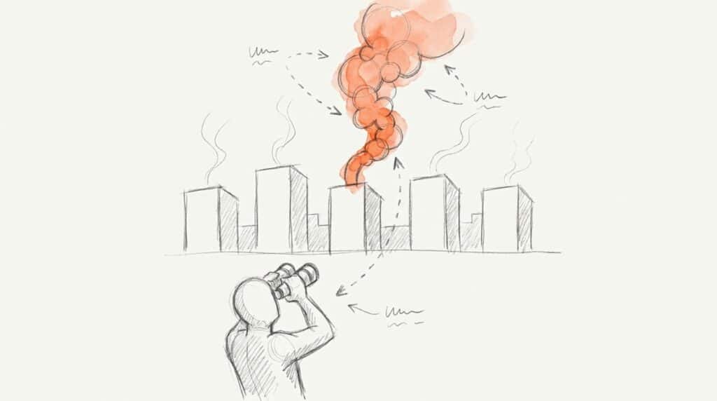 Bleistiftskizze: Person mit Fernglas blickt auf eine Häuserreihe, aus deren Mitte eine orange Rauchsäule steigt, als Bild für Kaufsignale von Unternehmen