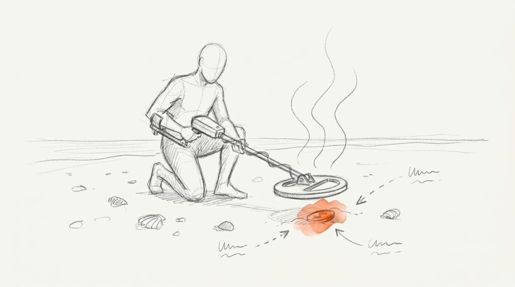 Bleistiftskizze: Kniende Figur sucht mit Metalldetektor am Strand, orange hervorgehoben die halb vergrabene Münze, als Bild für Keyword-Recherche