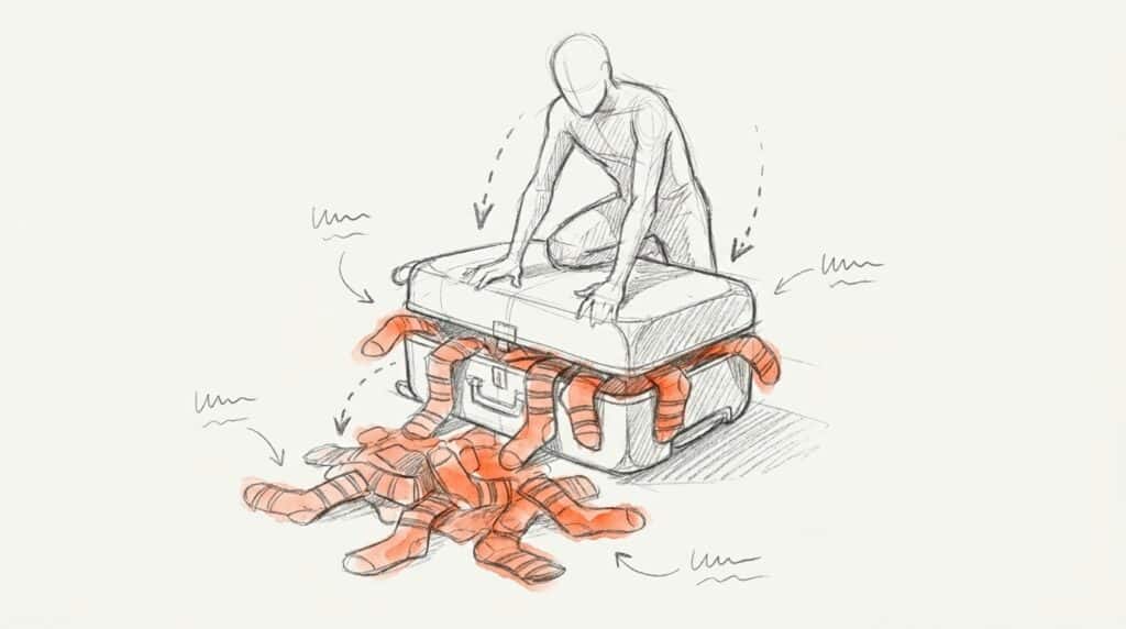 Bleistiftskizze: Eine Figur drückt kniend einen überfüllten Koffer zu, aus dem lauter gleiche orange Ringelsocken quellen, als Bild für Keyword-Stuffing