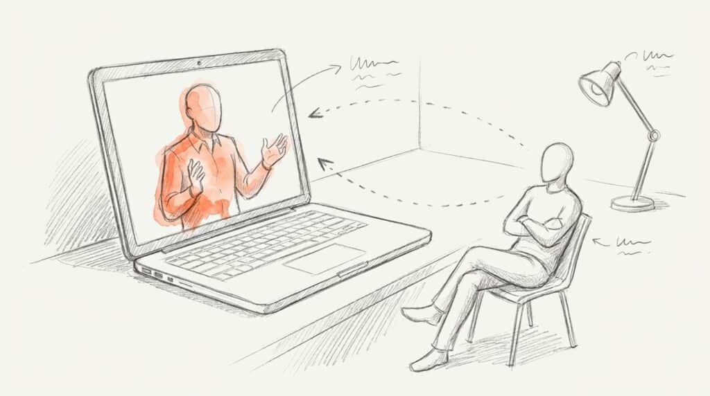 Bleistiftskizze: Auf einem Laptop erklärt eine orange Sprecherfigur gestikulierend, daneben sitzt eine Person mit verschränkten Armen als Bild für KI-Avatar