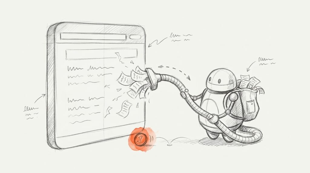 Bleistiftskizze: Roboter saugt mit Schlauch Zettel aus einer Webseite in seinen Rucksack, zurück rollt nur eine orange Münze, als Bild für KI-Crawler