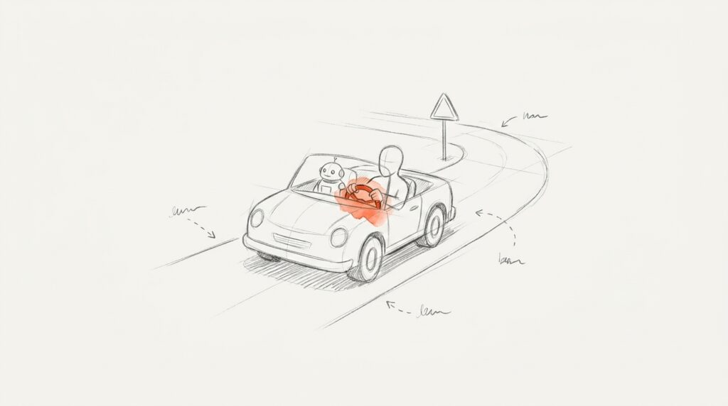 Bleistiftskizze: Person lenkt ein offenes Auto auf eine Kurve mit Warnschild zu, daneben ein kleiner Roboter, Lenkrad orange – Bild für KI-Kompetenz