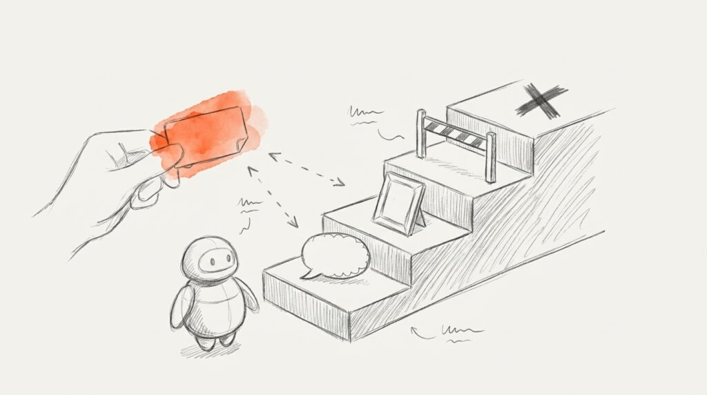 Bleistiftskizze: Roboter vor vier Stufen mit Sprechblase, Bilderrahmen, Schranke und X, eine Hand hält einen orangen Aufkleber, als Bild für Risikostufen