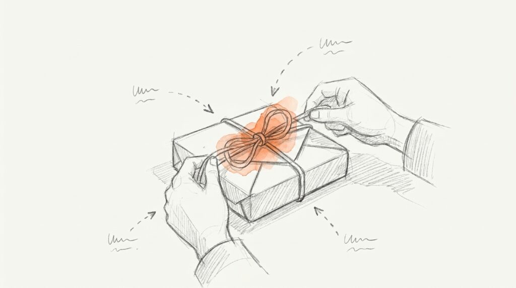Bleistiftskizze: Zwei Hände ziehen an der Schnur eines verschnürten Päckchens, orange hervorgehoben ist der Knoten als Bild für gekoppelte Leistungen