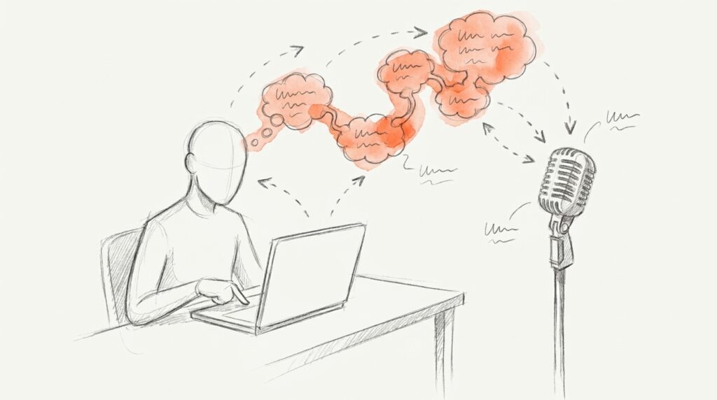 Bleistiftskizze: Person am Laptop, aus ihrem Kopf zieht eine orange Kette von Denkblasen zu einem Standmikrofon, als Bild für lautes Denken beim Testen