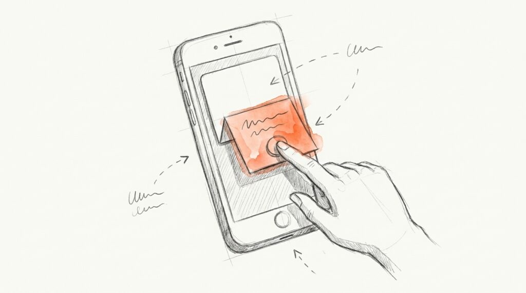 Bleistiftskizze: Ein Finger tippt auf den Knopf eines orangen Faltblatts, das sich im Smartphone aus einer Anzeige klappt, als Bild fürs Lead-Formular