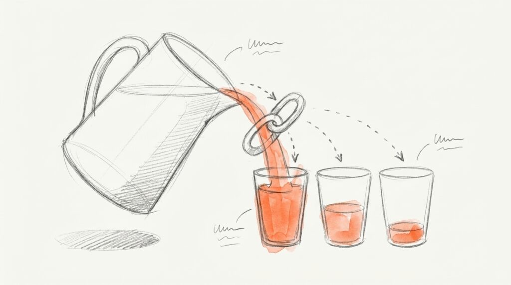 Bleistiftskizze: Eine gekippte Kanne gießt orangefarbenen Saft durch ein Kettenglied in drei Gläser, die immer weniger gefüllt sind, als Bild für Linkjuice