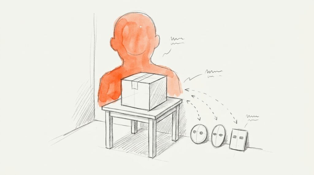 Bleistiftskizze: Karton auf Tischchen vor oranger Kopf-Schulter-Silhouette, am Boden drei Masken mit Pfeilen zu ihr, als Bild für Markenpersönlichkeit