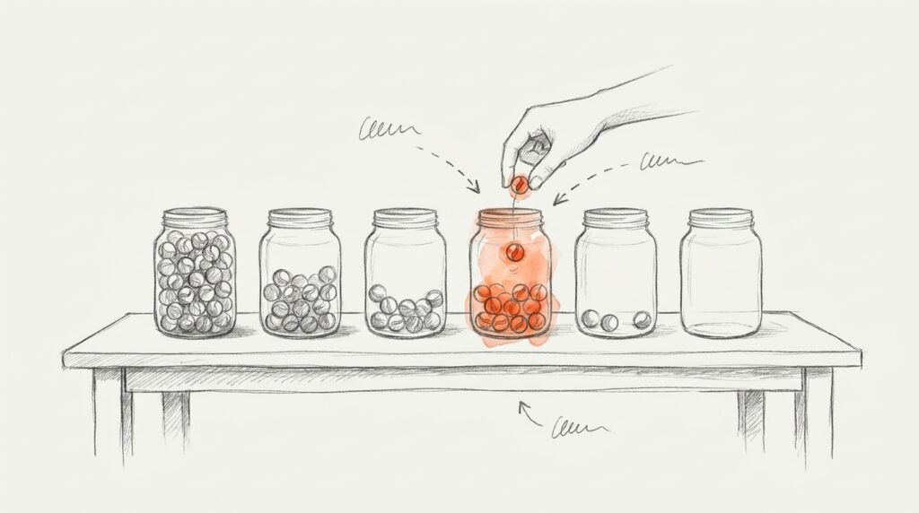 Bleistiftskizze: Sechs Gläser mit unterschiedlich vielen Murmeln auf einem Tisch, eine Hand legt eine Murmel in das orange Glas als Bild für den Marktanteil