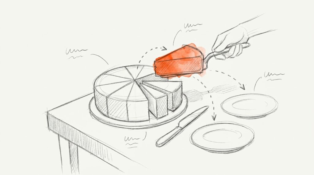 Bleistiftskizze: Eine Hand hebt ein orange markiertes Stück aus einer geschnittenen Torte, daneben Messer und zwei Teller, als Bild für Marktsegmentierung