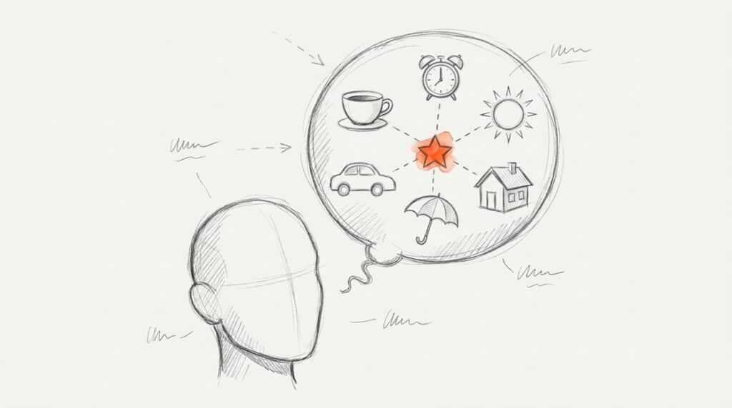 Bleistiftskizze: Kopf im Profil, Gedankenblase mit Tasse, Wecker, Sonne, Haus, Schirm und Auto, verbunden mit orangem Stern als Bild für Category Entry Points