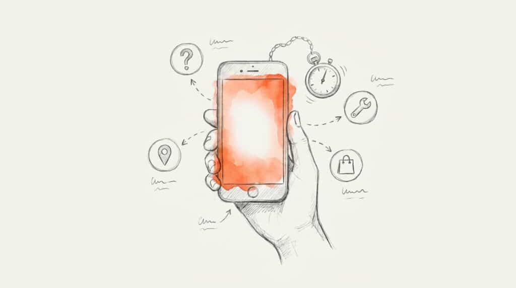 Bleistiftskizze: Hand hält Smartphone mit orangem Bildschirm, umgeben von Stoppuhr, Fragezeichen, Ortsmarke, Werkzeug und Tasche als Bild für Micro-Moments