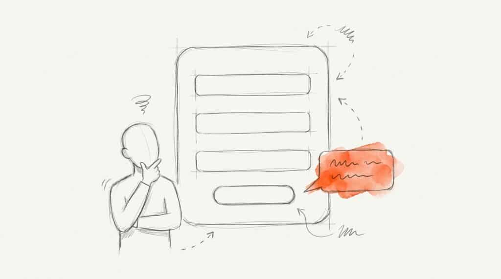Bleistiftskizze: Grübelnde Person vor einem Formular mit drei leeren Feldern und Button, daneben eine orange Sprechblase als Bild für einen Hinweistext