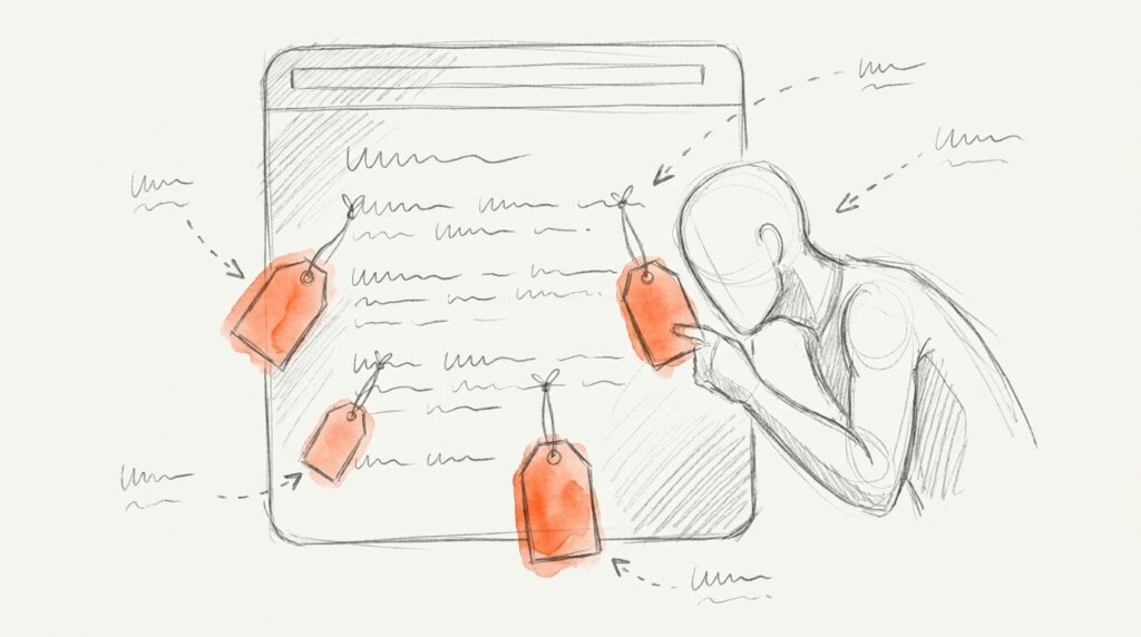 Bleistiftskizze: Webseite mit Textzeilen, an vier Zeilen hängen orange Anhänger, eine Figur liest einen davon – als Bild für Auszeichnungen direkt im Code