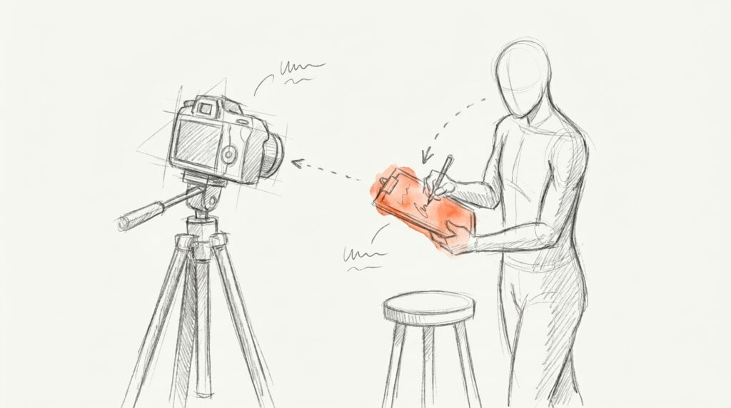 Bleistiftskizze: Kamera auf Stativ, daneben eine gesichtslose Figur am Hocker, die auf orangem Klemmbrett unterschreibt, als Bild für Model-Release