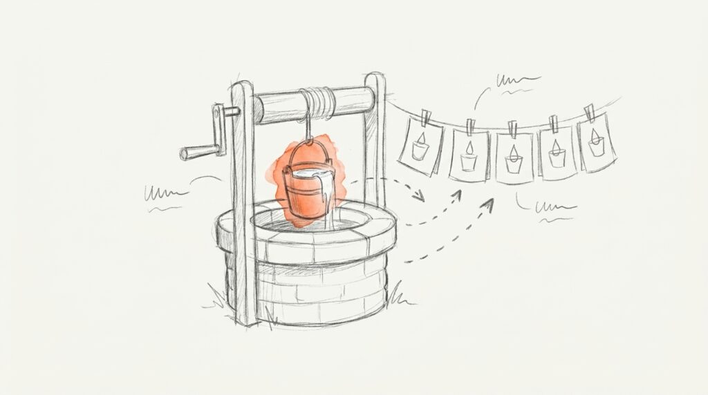 Bleistiftskizze: Brunnen mit Kurbel, orange hervorgehobener voller Eimer, Pfeile zu fünf Blättern an einer Leine, als Bild für monatlich planbaren Umsatz