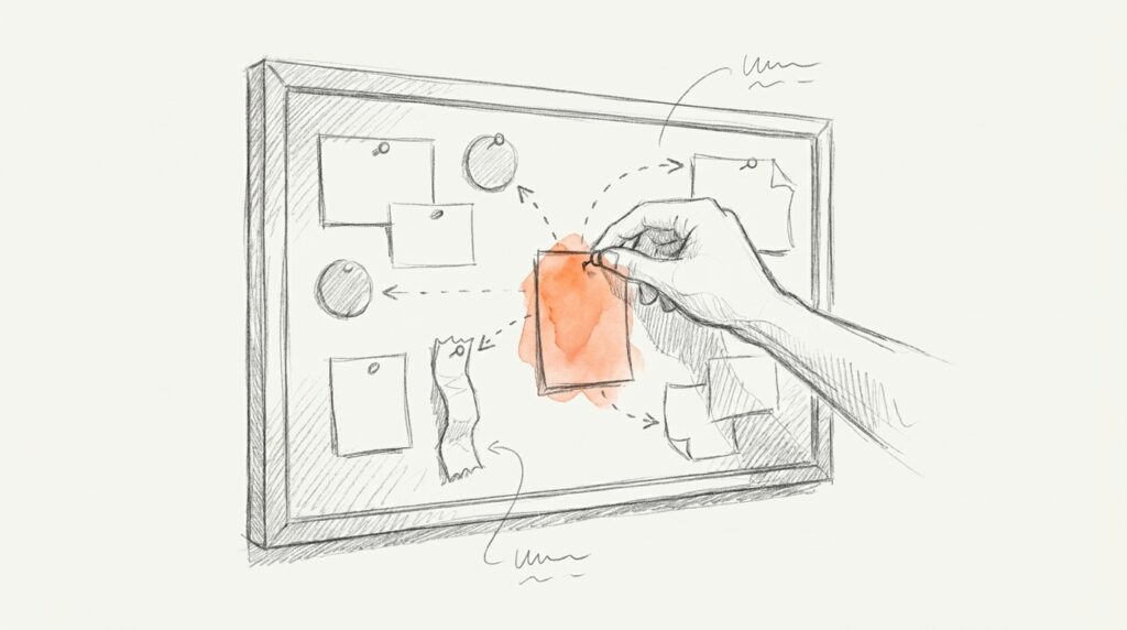 Bleistiftskizze: Hand pinnt eine orange hervorgehobene Karte mittig an eine Pinnwand mit Zetteln, Farbkreisen und Stoffstreifen, als Bild für ein Moodboard