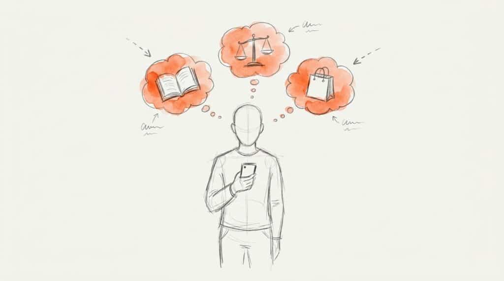 Bleistiftskizze: Person mit Smartphone, darüber drei orange Gedankenblasen mit Buch, Waage und Einkaufstasche als Bild für mehrere Suchabsichten