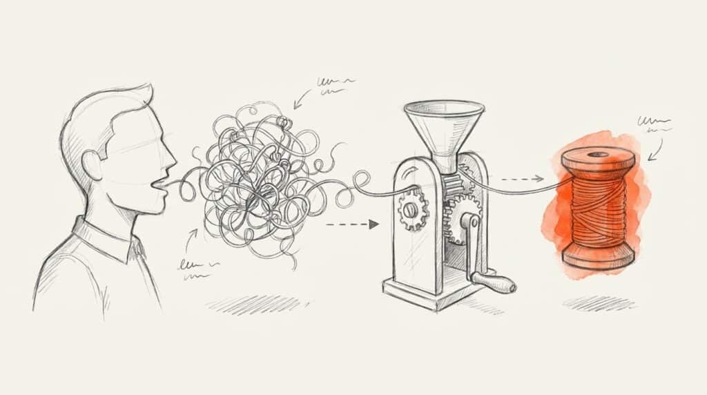 Bleistiftskizze: Eine Person spricht ein Fadenknäuel aus, das eine Kurbelmaschine mit Zahnrädern auf eine orange hervorgehobene Spule wickelt, als Bild für NLP