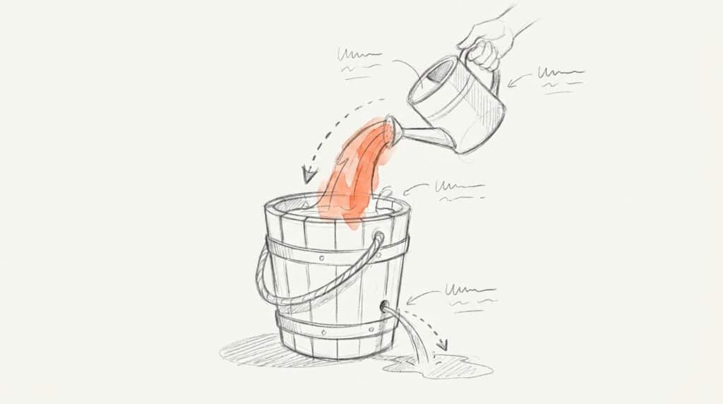 Bleistiftskizze: Eine Hand gießt mit einer Gießkanne einen orange hervorgehobenen Strahl in einen Holzeimer, der unten dünn ausläuft, als Bild für NRR