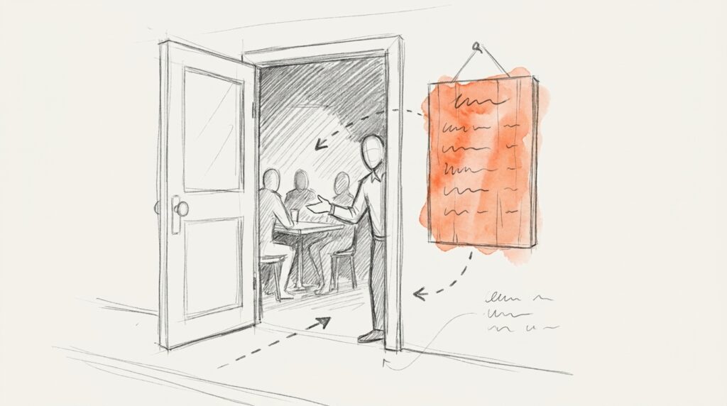 Bleistiftskizze: Gastgeber in offener Kneipentür, drinnen Gäste am Tisch, daneben orange hervorgehobene Tafel mit Hausregeln als Bild für Netiquette