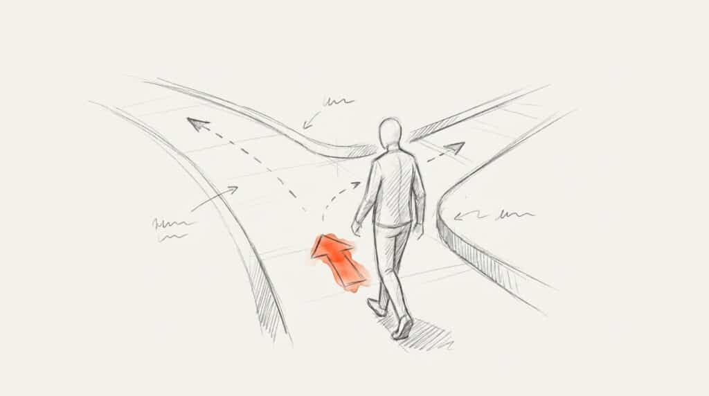 Bleistiftskizze: Person geht auf eine Weggabelung zu, ein orange hervorgehobener Pfeil am Boden weist zum breiteren linken Weg, als Bild für Nudging