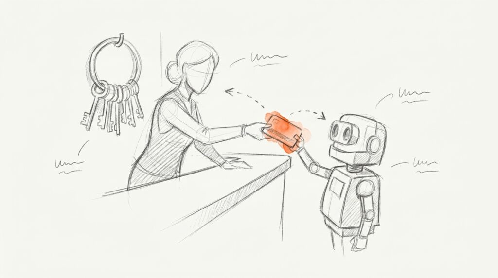 Bleistiftskizze: Rezeptionistin reicht einem kleinen Roboter eine orange Schlüsselkarte, der Schlüsselbund bleibt am Haken – als Bild für ein OAuth-Token