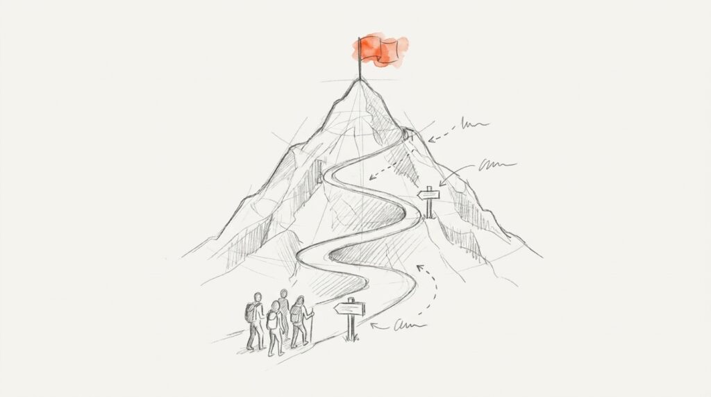 Bleistiftskizze: Wandergruppe am Fuß eines Bergs, ein Serpentinenweg mit Wegweisern führt zur orange markierten Gipfelfahne, als Bild für Ziel und Etappen