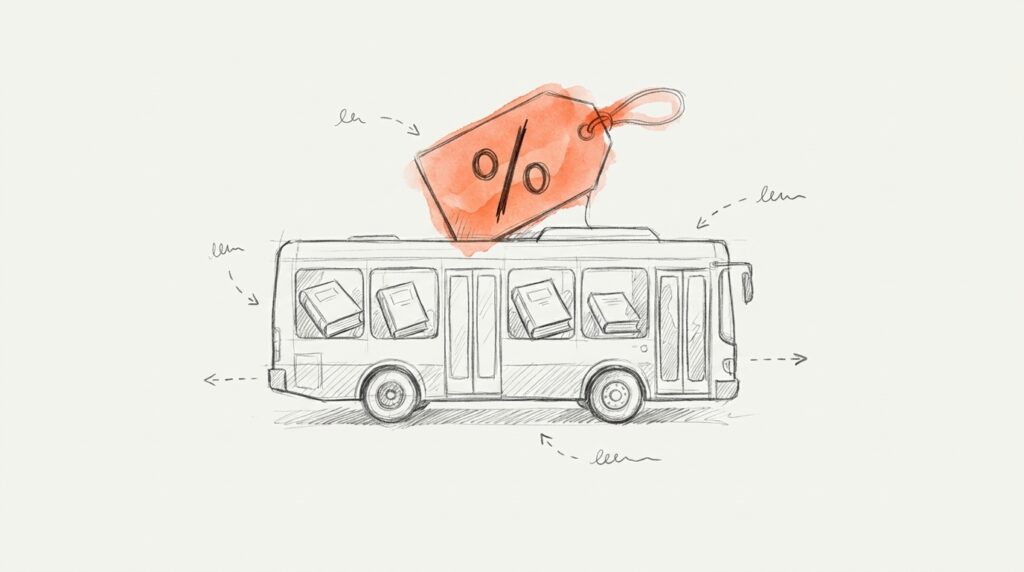 Bleistiftskizze: Stadtbus mit Büchern in den Fenstern, auf dem Dach ein orangefarbenes Preisschild mit Prozentzeichen als Bild für die Omnibus-Richtlinie