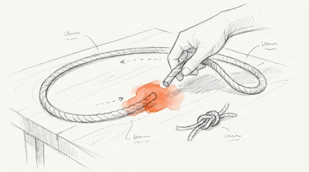 Bleistiftskizze: Hand führt ein Seilende an das andere Ende einer offenen Seilschlaufe, orange markiert die Lücke dazwischen, als Bild für den Open Loop