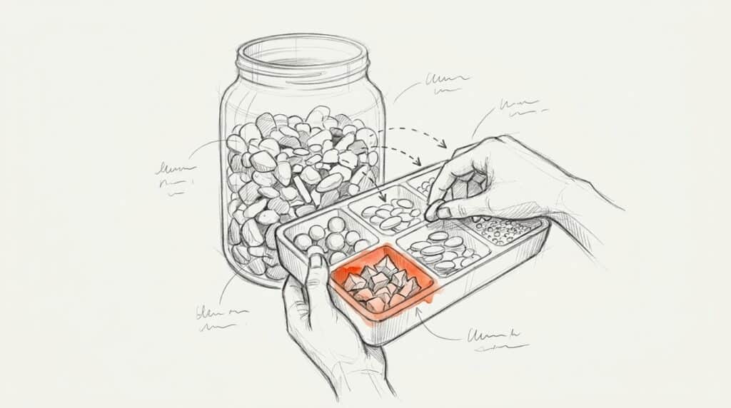 Bleistiftskizze: Hände sortieren Kiesel aus einem Glas in eine Schale mit Fächern, das Fach mit kantigen Steinen orange, als Bild für Opinion Mining