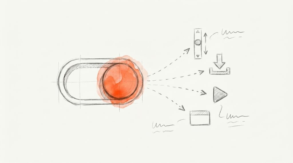 Bleistiftskizze: Schalter mit orangem Knopf auf An, gestrichelte Pfeile zu Scrollleiste, Download, Play und Formular, als Bild für Optimierte Analysen
