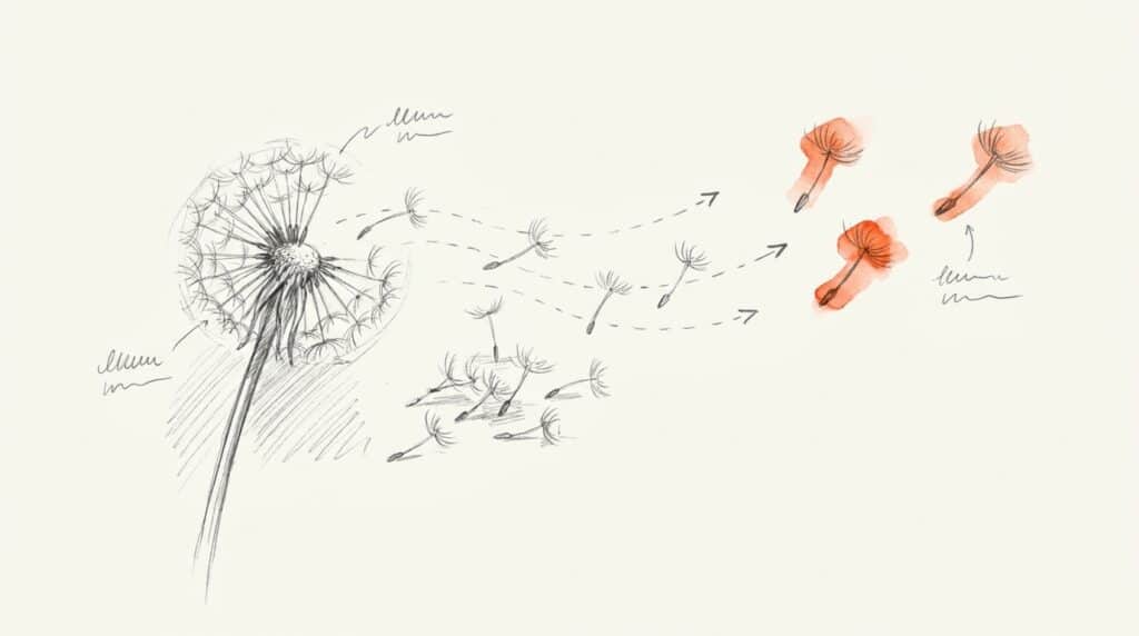 Bleistiftskizze: Pusteblume, deren Samen nach rechts treiben, die meisten landen nah, drei ferne Samen orange – Bild für organische Reichweite