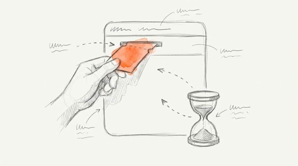 Bleistiftskizze: Eine Hand steckt ein orange hervorgehobenes Ticket in einen Schlitz einer Webseite, daneben eine Sanduhr, als Bild für den befristeten Test
