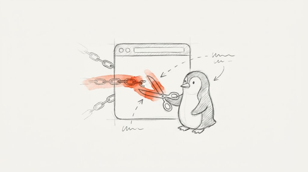 Bleistiftskizze: Ein Pinguin zerschneidet mit einer Schere eine orange markierte Kette an einer Webseite, als Bild für abgewertete Spam-Links
