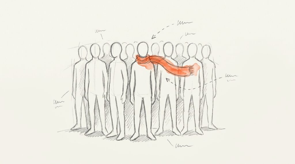 Bleistiftskizze: Gruppe gleicher gesichtsloser Figuren, eine in der Mitte trägt einen orangen, seitlich wehenden Schal, als Bild für Personal Branding