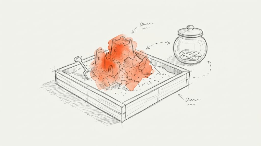 Bleistiftskizze: Sandkasten mit halb eingestürzter, orange markierter Sandburg und Schaufel, daneben unberührtes Keksglas, als Bild für die Privacy Sandbox