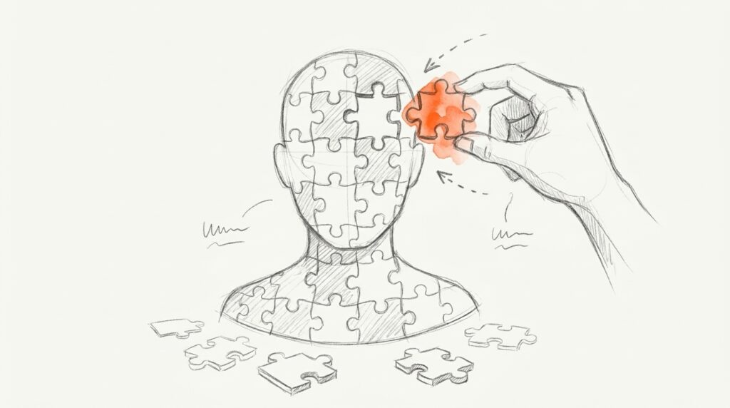 Bleistiftskizze: Kopf aus Puzzleteilen mit Lücke oben am Kopf, eine Hand setzt das orange Teil ein, lose Teile liegen darunter, als Bild für Profiling