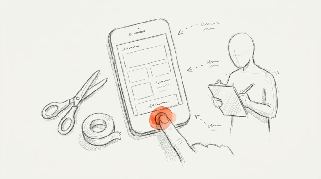 Bleistiftskizze: Finger tippt auf orange markierten Knopf einer Smartphone-Skizze, daneben Schere, Klebeband und Person mit Klemmbrett als Bild für Prototyp
