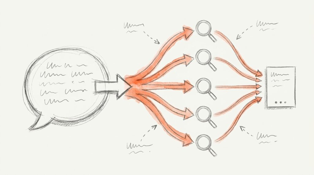 Bleistiftskizze: Pfeil aus Sprechblase fächert in fünf orange Pfeile auf, die über Lupen in einer Karte zusammenlaufen, als Bild für Query Fan-out