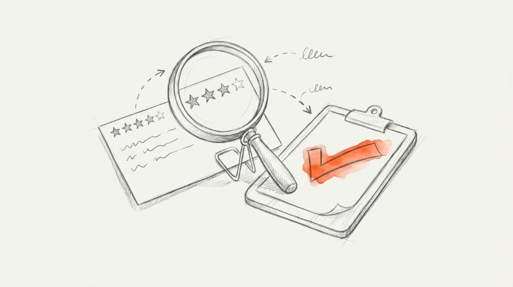 Bleistiftskizze: Lupe vergrößert Sterne auf einer Karte, daneben ein Klemmbrett mit orange hervorgehobenem Haken als Bild für den Rich Results Test