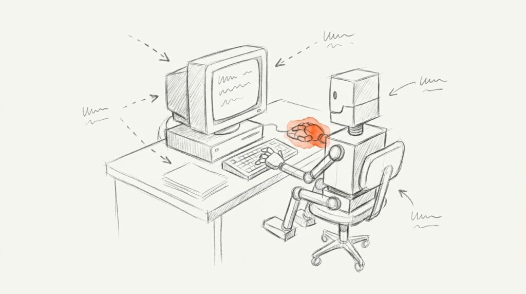 Bleistiftskizze: Kastenroboter auf Bürostuhl tippt an einem alten Computer, seine Hand an der Maus ist orange markiert, als Bild für RPA