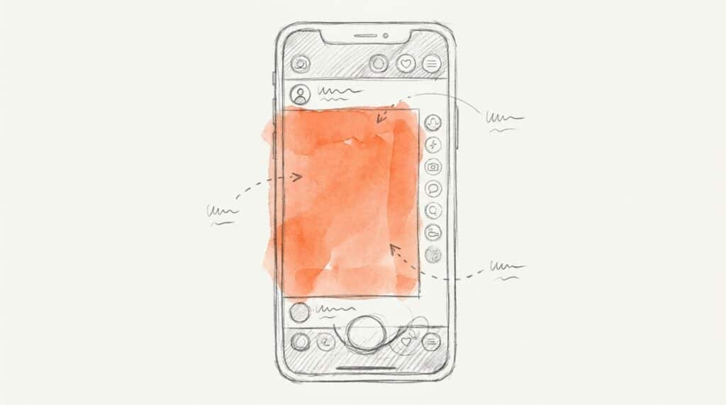 Bleistiftskizze: Smartphone mit Symbolleisten oben und unten und Iconspalte rechts, die freie Fläche in der Mitte orange markiert als Bild für die Safe Zone