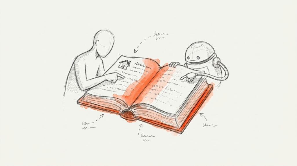 Bleistiftskizze: Mensch und Roboter zeigen in ein orange hervorgehobenes Wörterbuch, links ein Eintrag mit Haussymbol, als Bild für gemeinsames Vokabular