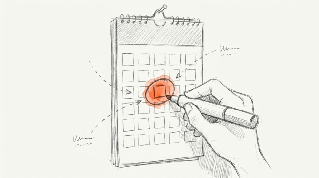Bleistiftskizze: Hand kreist mit Marker ein orange markiertes Feld im Wandkalender ein, Pfeile zeigen darauf, als Bild für ein Schlüsselereignis