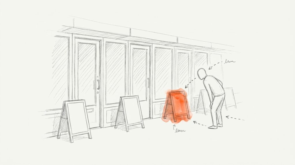 Bleistiftskizze: Reihe geschlossener Ladentüren mit leeren Aufstellern, ein Passant beugt sich zum orange markierten Aufsteller vor, als Bild fürs Snippet